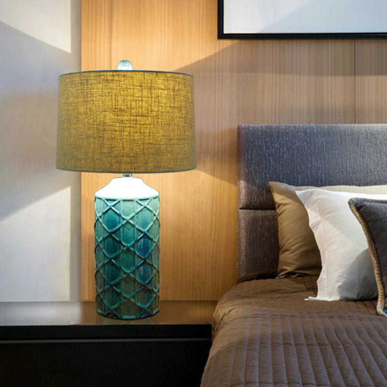 Traditional Vintage Cylinder Stripe Base Ceramic Fabric 1-Light Table Lamp For Bedroom