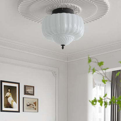 Modern Minimalist Cream Lantern Iron Glass 3-Light Semi-Flush Mount Ceiling Light For Bedroom