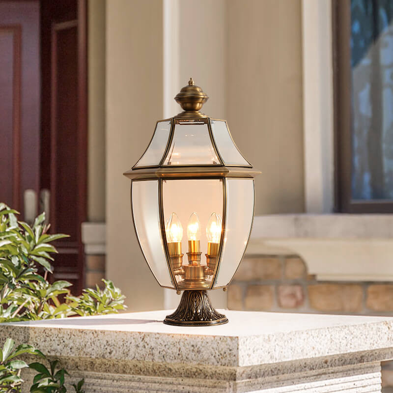 European Luxury All Copper Clear Glass Lantern Post 1/3 Light Waterproof Patio Landscape Light