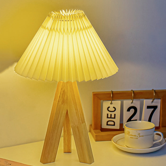 Contemporary Boho Round Cone Tripod Base Fabric Solid Wood LED Table Lamp for Bedroom