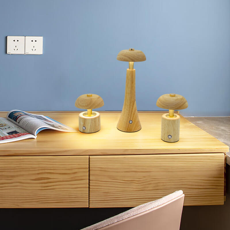 Contemporary Nordic Creative Solid Wood Mushroom LED Table Lamp For Bedroom