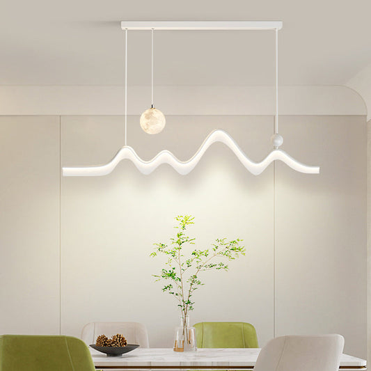 ثريا جزيرة LED مصنوعة من الحديد والألومنيوم والأكريليك بتصميم موجة قمرية طويلة وحديثة بسيطة لغرفة الطعام 