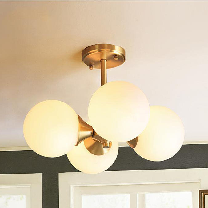 Modern Mid-Century Gold Finish Frame Glass Globe Ball 4-Light Chandelier For Living Room