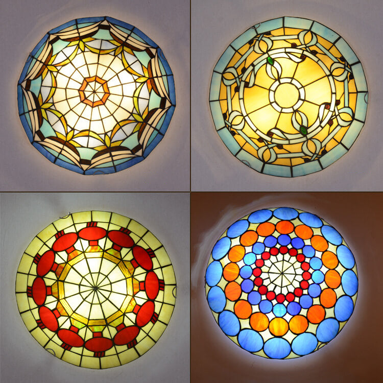 European Stained Glass Tiffany Round Various Pattern Designs 2/3 Light Flush Mount Light