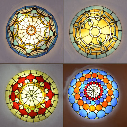 European Stained Glass Tiffany Round Various Pattern Designs 2/3 Light Flush Mount Light