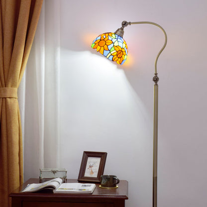 Traditional Tiffany Iron Glss Dome Round Gerbera 1-Light Standing Floor Lamp For Bedside