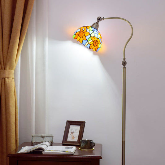 Traditional Tiffany Iron Glss Dome Round Gerbera 1-Light Standing Floor Lamp For Bedside