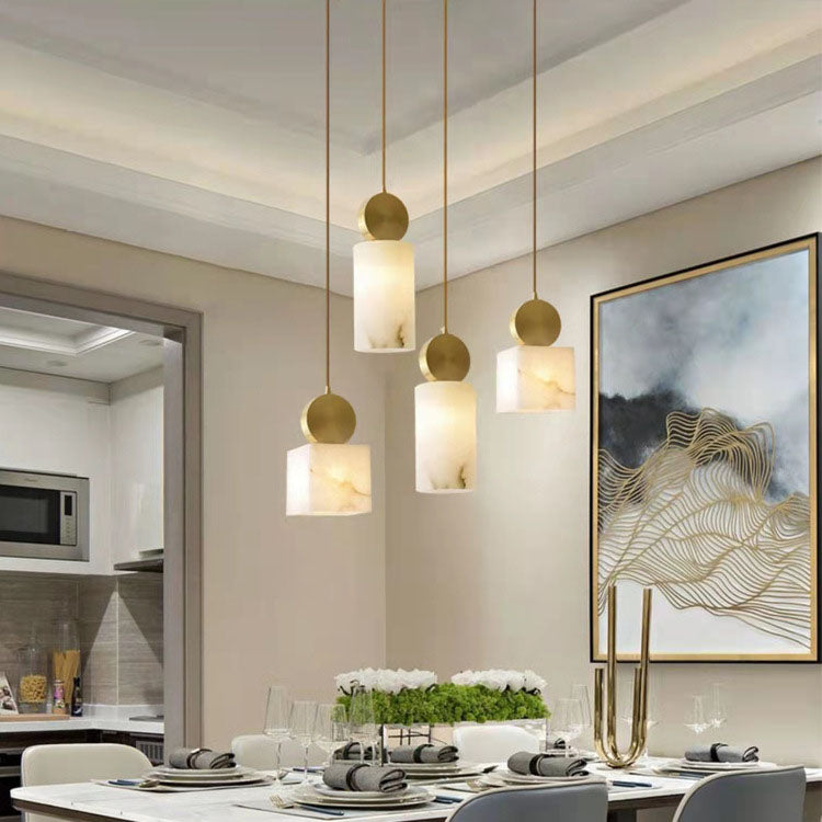 Modern Luxury Geometric Cube Marble Shade Brass 1-Light Pendant Light For Living Room