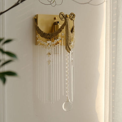 Vintage French Brass Crystal Square Bow Tie Design 1-Light Wall Sconce Lamp