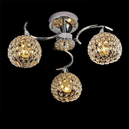 Modern Art Deco Round Hollowed Out Orb Iron Crystal 3-Light Semi-Flush Mount Ceiling Light For Living Room