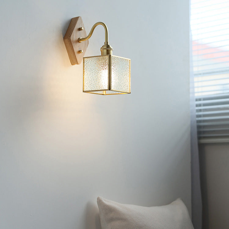 Traditional Vintage Square Copper Glass Wood 1-Light Wall Sconce Lamp For Bedroom