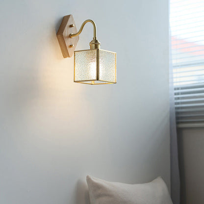 Traditional Vintage Square Copper Glass Wood 1-Light Wall Sconce Lamp For Bedroom