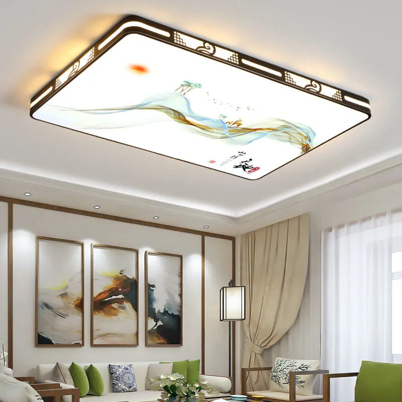 Traditional Chinese Iron Acrylic Round Square Rectangular Landscape Painting LED Flush Mount Ceiling Light For Living Room
