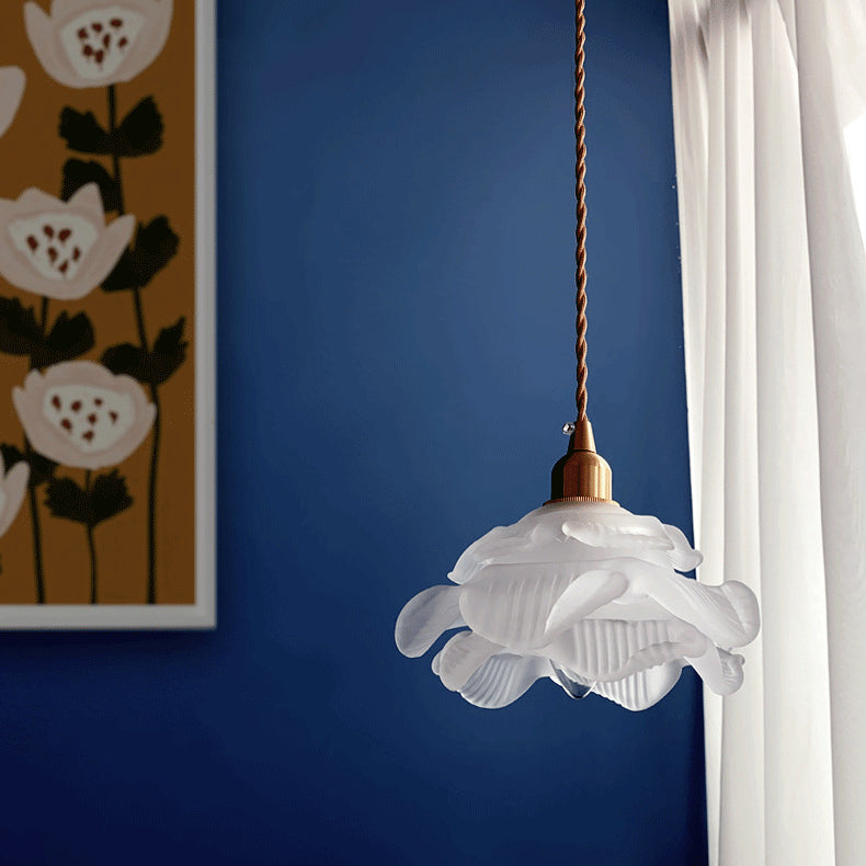 Modern Art Deco Brass Floral Glass Shade 1-Light Pendant Light For Bedroom