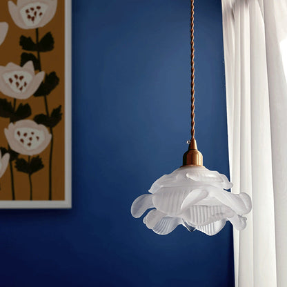 Modern Art Deco Brass Floral Glass Shade 1-Light Pendant Light For Bedroom