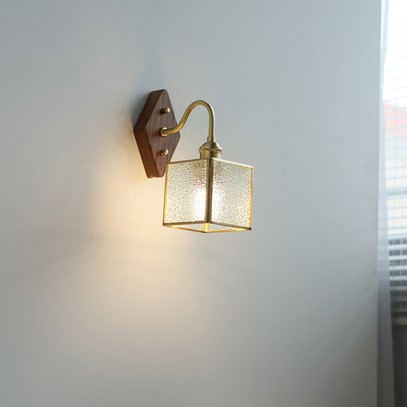 Traditional Vintage Square Copper Glass Wood 1-Light Wall Sconce Lamp For Bedroom