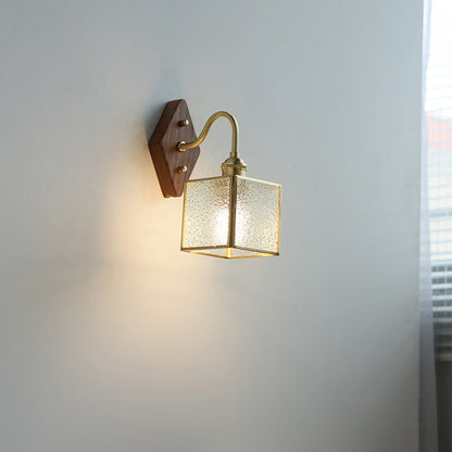 Traditional Vintage Square Copper Glass Wood 1-Light Wall Sconce Lamp For Bedroom