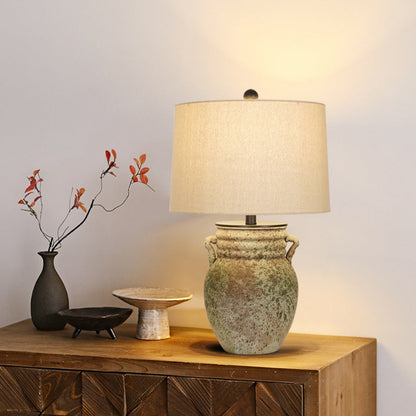 Traditional Vintage Round Vase Jar Base Ceramic Fabric 1-Light Table Lamp For Living Room