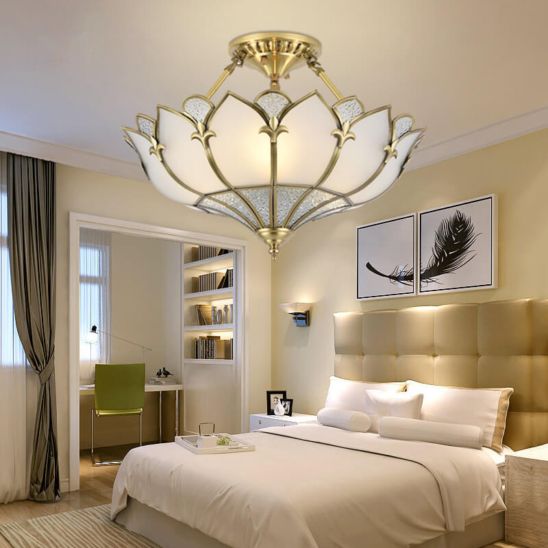 European-style Light Luxury All-copper Glass 4/6-Light Semi-Flush Mount Light