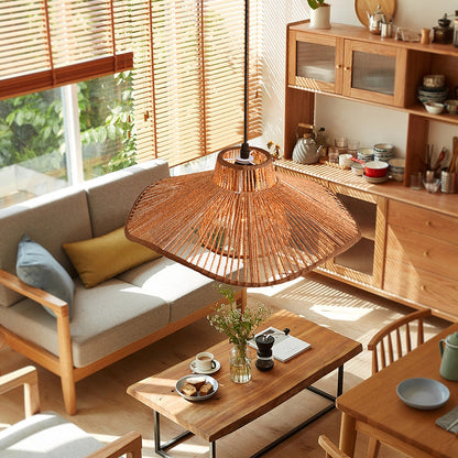 Traditional Vintage Weaving Iron Paper Rope Hat Cylinder 1-Light Pendant Light For Dining Room