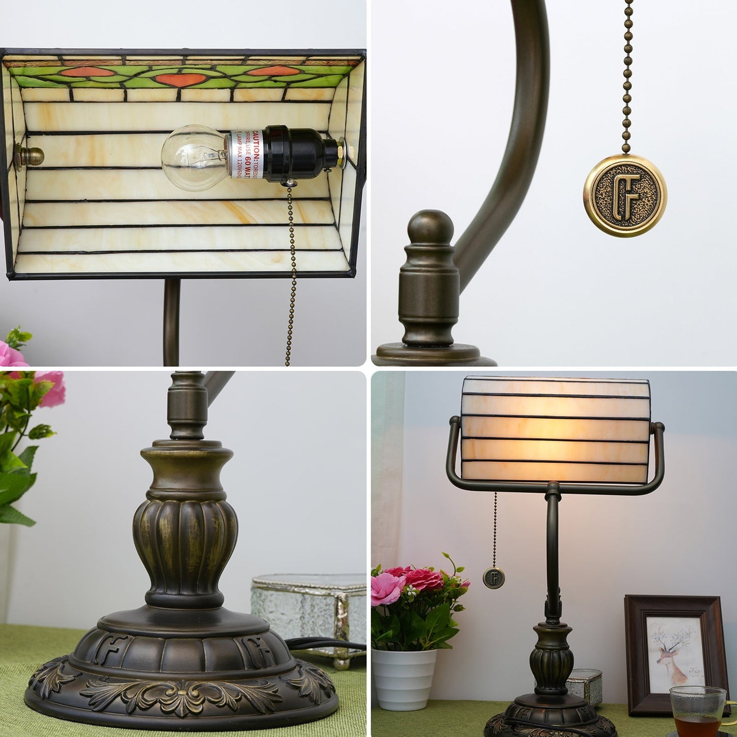 Traditional Tiffany Heart Design Stained Glass Resin Iron 1-Light Table Lamp For Bedroom