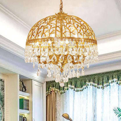 European Luxury Brass Carved Crystal Dome 6/8 Light Chandelier