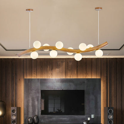 Modern Minimalist Wave Line Orb Solid Wood Glass 6/8/10 Lights Island Light Chandelier For Dining Room