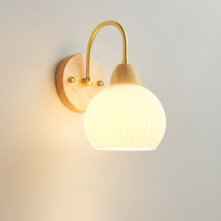 Contemporary Nordic Wood Acrylic Iron Flower Ball 1-Light Wall Sconce Lamp For Bedside