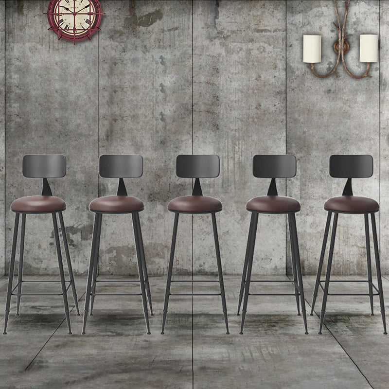 Traditional Vintage Round Wood PU Leather Iron Frame Bar Stool Backrest Footrest For Dining Room