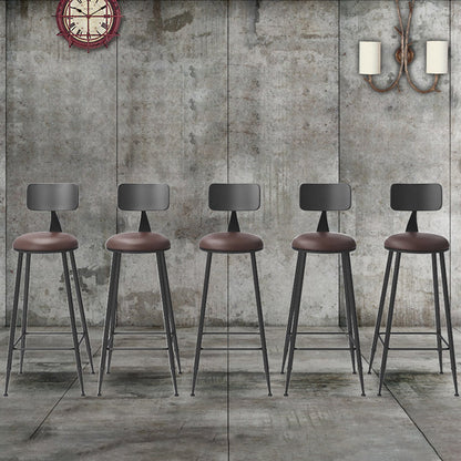 Traditional Vintage Round Wood PU Leather Iron Frame Bar Stool Backrest Footrest For Dining Room