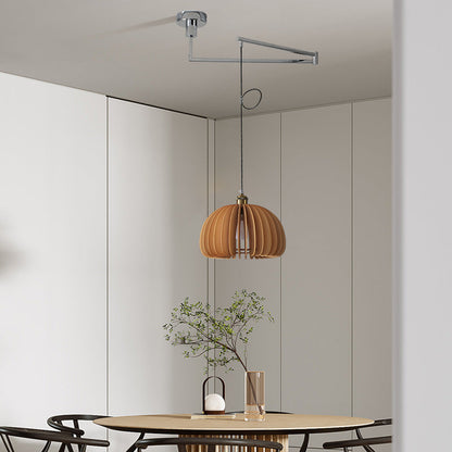 Traditional Vintage Wooden Pumpkin Shade Rocker Arm Telescopic 1-Light Pendant Light For Dining Room