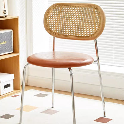Contemporary Vintage Round Rectangular Solid Wood Metal Genuine Leather Dining Chair Backrest For Dining Room