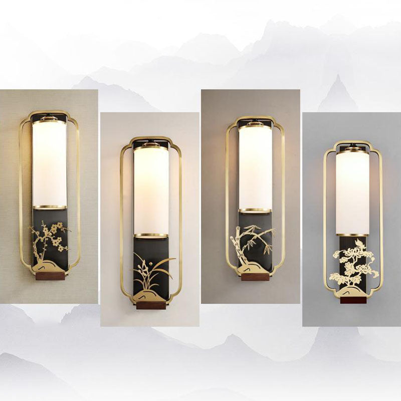 Traditional Chinese Carved Copper Frame Frosted Glass Cylinder Shade 1-Light Wall Sconce Lamp For Living Room