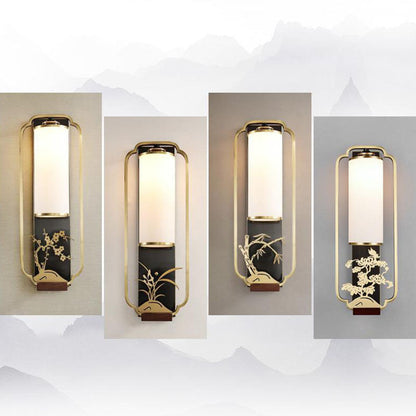 Traditional Chinese Carved Copper Frame Frosted Glass Cylinder Shade 1-Light Wall Sconce Lamp For Living Room