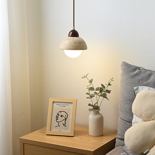 Nordic Modern Minimalist Semi-Circular Plate Yellow Travertine Solid Wood Glass 1-Light Pendant Light