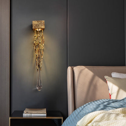 Modern Luxury Square Teardrop Copper Crystal 1-Light Wall Sconce Lamp For Bedroom