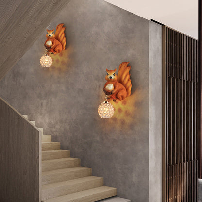 Traditional European Kids Squirrel Ball Crystal Resin 1-Light Wall Sconce Lamp For Bedside