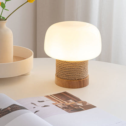 Vintage Creamy Mushroom Glass Twine Oak 1-Light Table Lamp