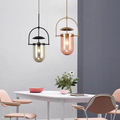 Modern Simplicity Cylinder Half Circle Iron Glass 1-Light Pendant Light For Living Room