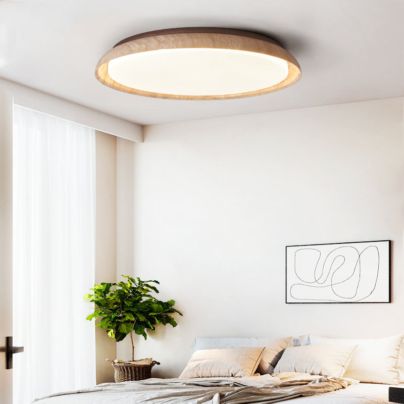 Traditional Japanese Round Disc Style Travertine Solid Wood Acrylic LED Flush Mount Ceiling Light For Bedroom