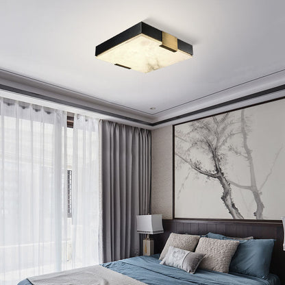 Traditional Chinese Square Marble Shade Brass Frame LED Flush Mount Ceiling Light For Living Room