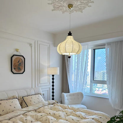 Traditional Vintage Chestnut Shaped Walnut Fabric Iron 1-Light Pendant Light For Bedroom