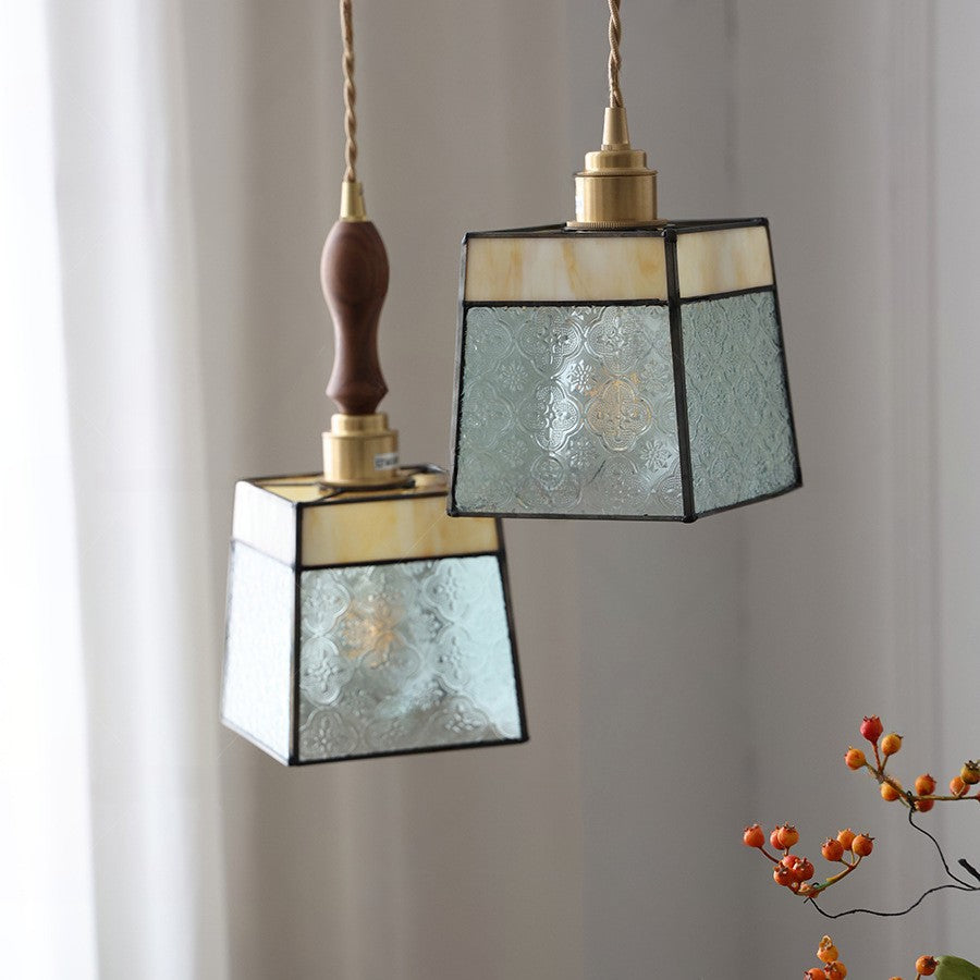 Contemporary Retro Glass Brass Iron Walnut Cubic Trapezoidal 1-Light Pendant Light For Dining Room