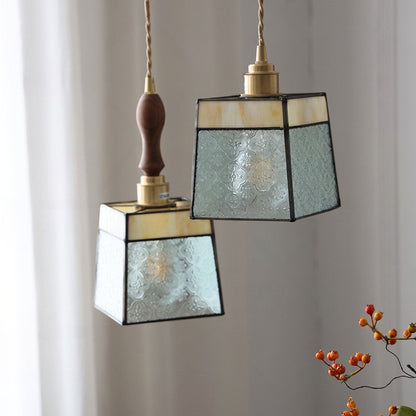 Contemporary Retro Glass Brass Iron Walnut Cubic Trapezoidal 1-Light Pendant Light For Dining Room