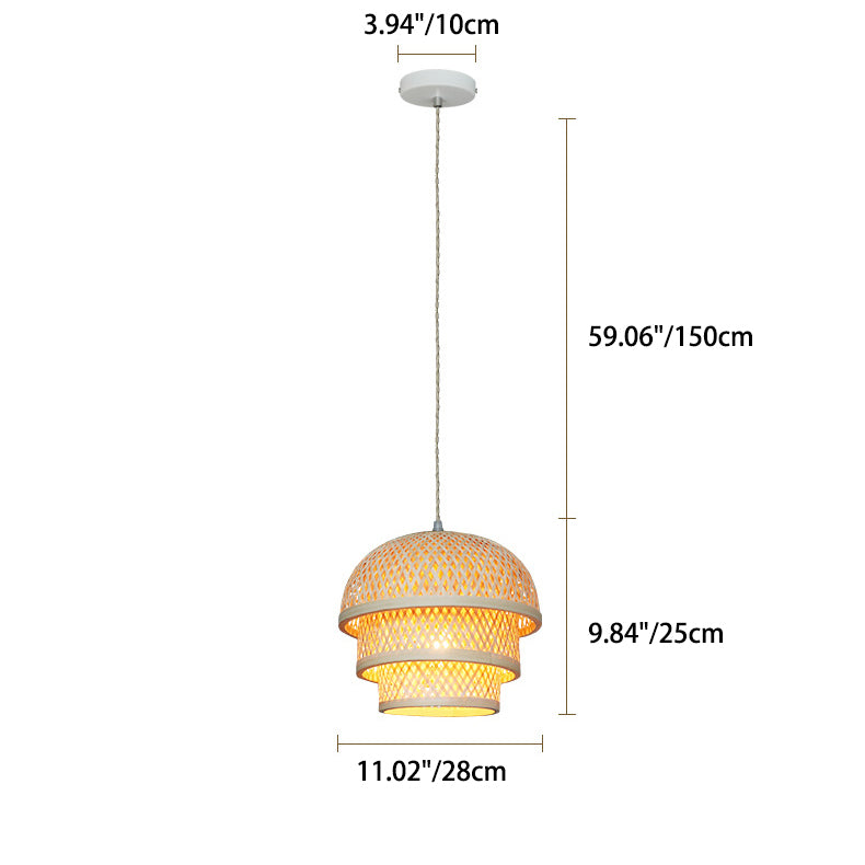 Traditional Chinese Bamboo Woven Cylinder 1-Light Pendant Light For Dining Room