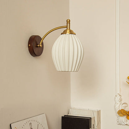 Traditional French Vintage Ceramic Glass Flower Shade Wood Base 1-Light Wall Sconce For Living Room