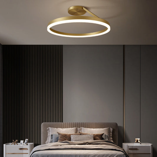Modern Minimalist Full Copper Curved Line Round Shade LED Semi-Flush Mount Ceiling Light For Living Room