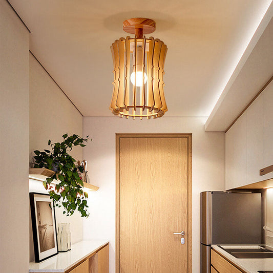 Nordic Wood Geometric Round 1-Light Semi-Flush Mount Ceiling Light