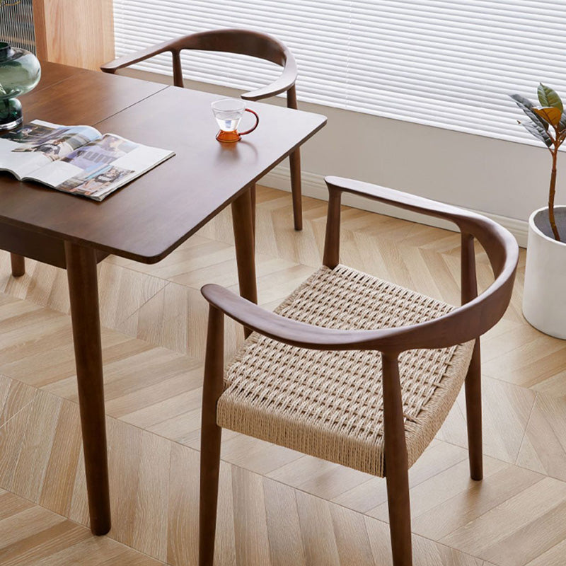 Traditional Vintage Braided Rope Wood Legs Square Dining Chair Backrest Armrest For Dining Room