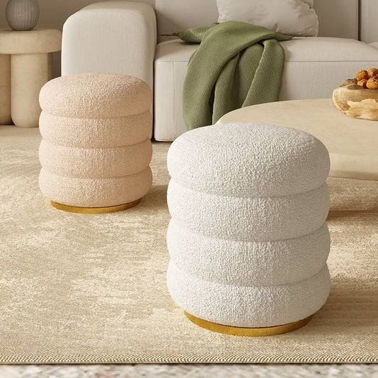 Modern Minimalist Cylinder Lambswool Fabric Metal Vanity Stool 1-Storage For Bedroom
